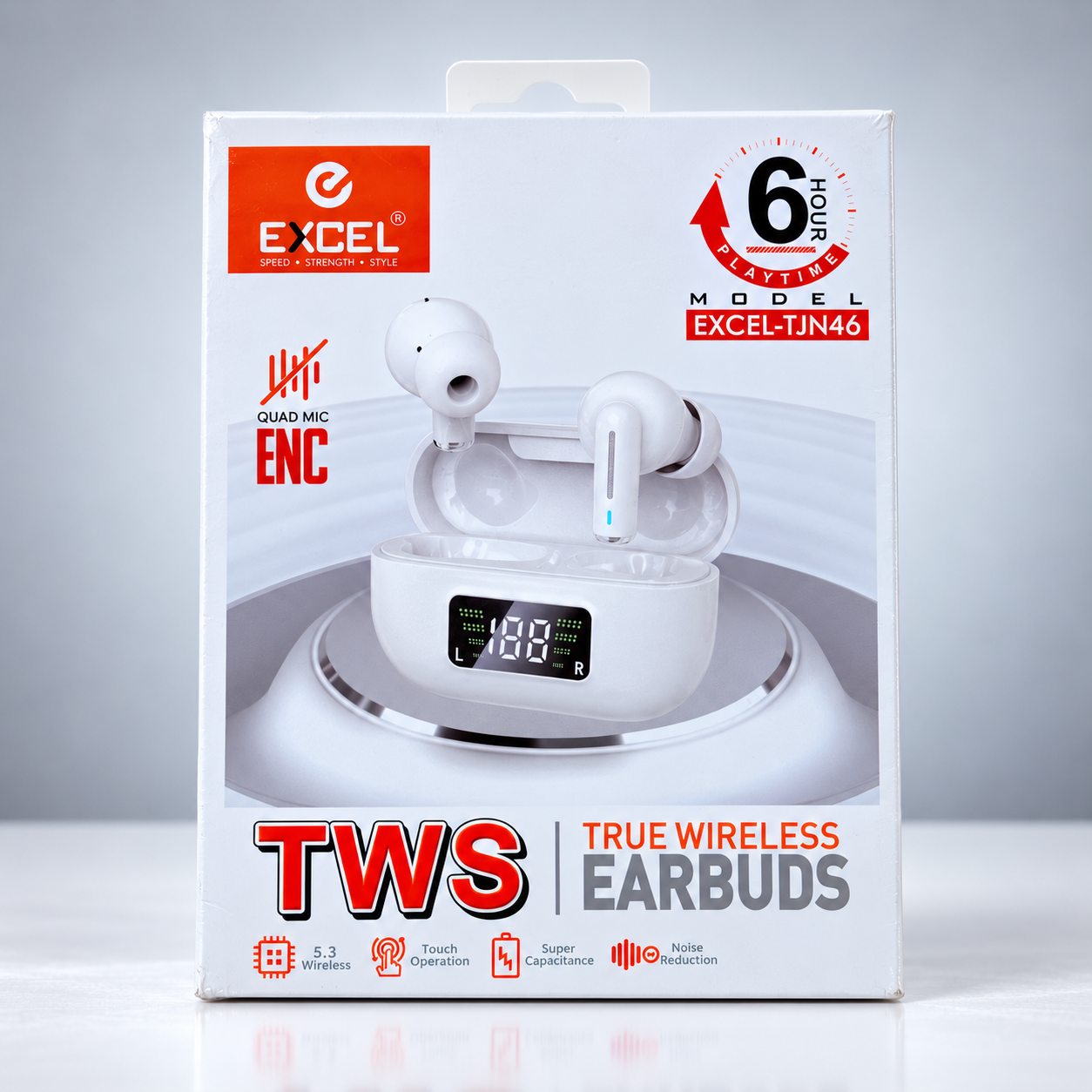 Excel TJN46 TWS Bluetooth 5.3 Earbuds (Quad Mic ENC, LED Display Case) - সাদা