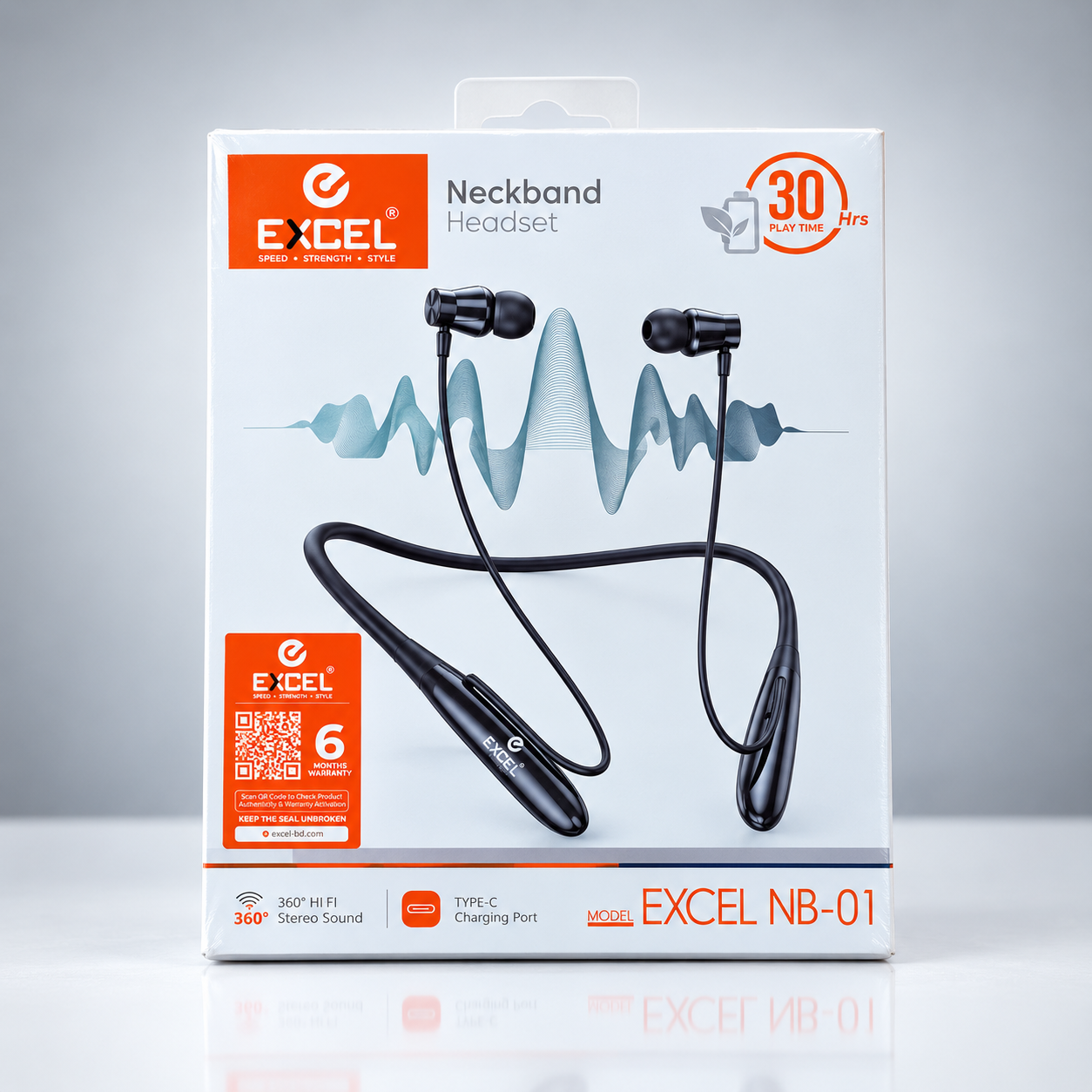 EXCEL NB-01 নেকব্যান্ড হেডসেট | ৩০ ঘণ্টা Play Time | 360° Hi-Fi Stereo Sound | Type-C চার্জিং