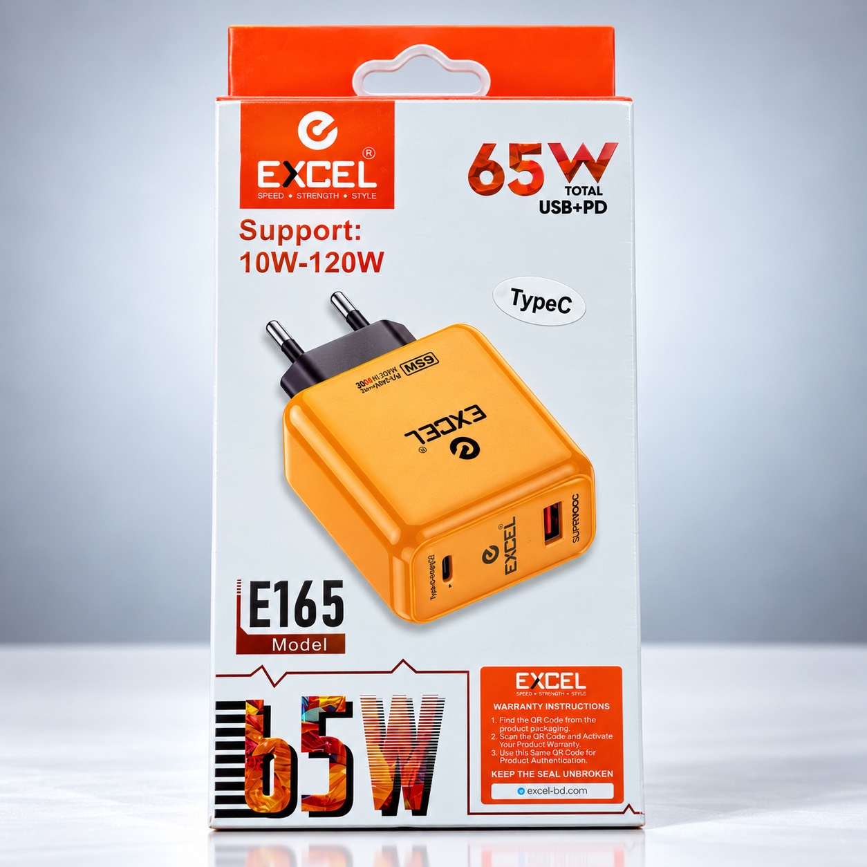 EXCEL E165 65W ফাস্ট চার্জার | USB + PD | Type-C | 10W–120W সাপোর্ট