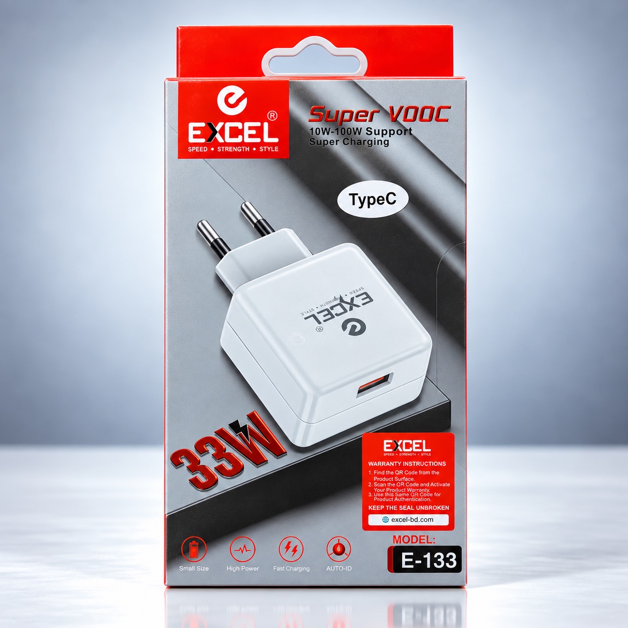 EXCEL E-133 33W ফাস্ট চার্জার | Type-C | Super VOOC | 10W–100W সাপোর্ট